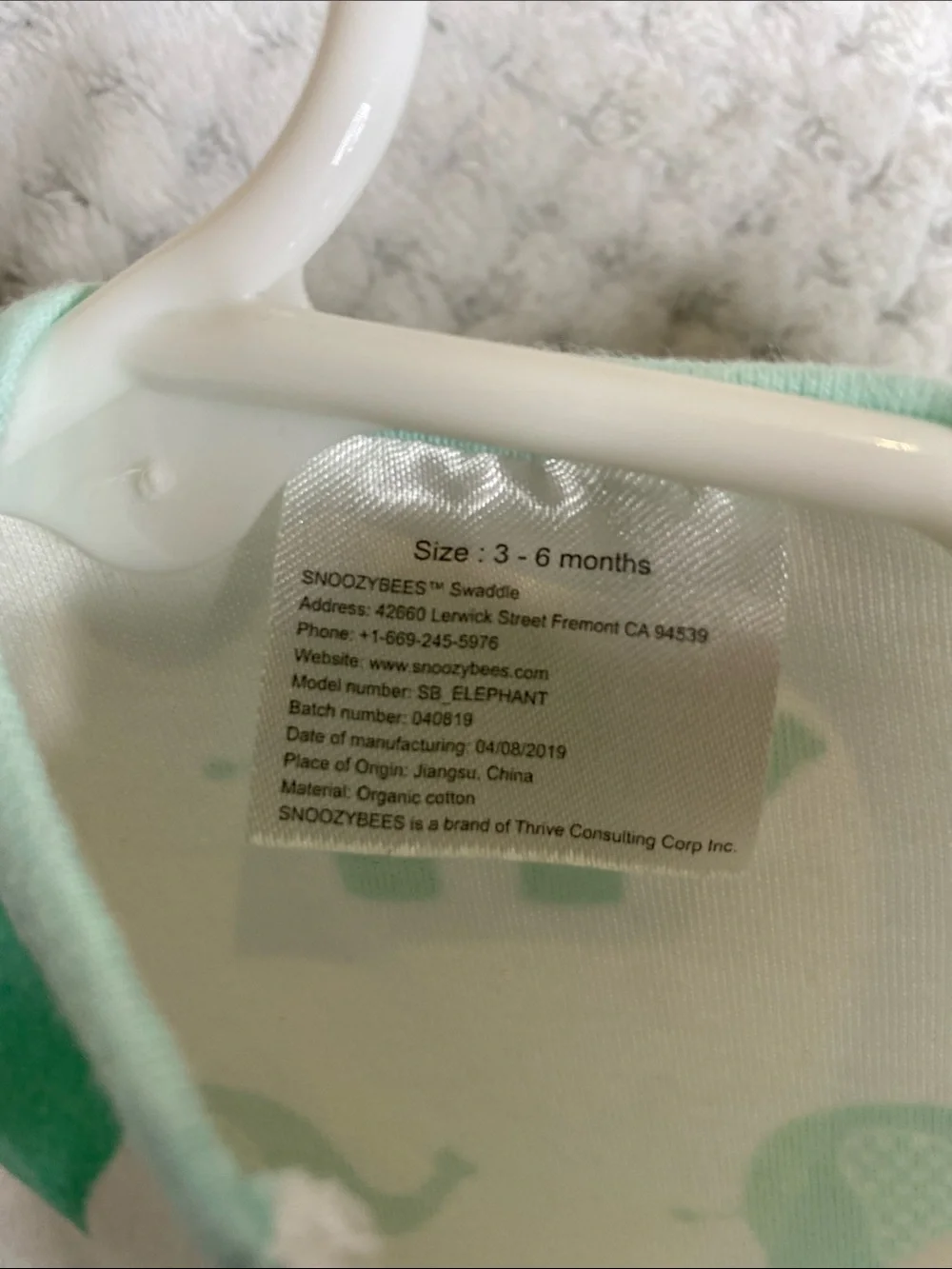 SnoozyBees White Baby One Piece with Mint Green Elephant Print